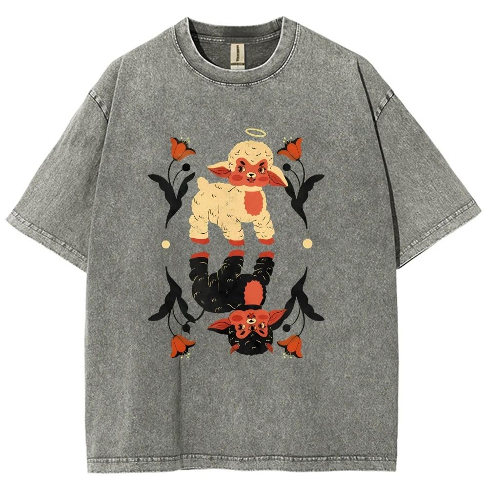Cool Angel Demon Sheep T Shirts Unisex Washed Tees Men Women Short Sleeve T-shirts Cotton Streetwear T Shirts
