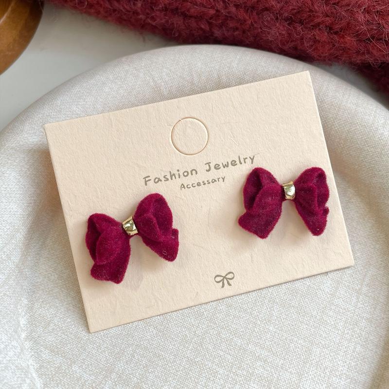 Cute Red Bow Flocking Earrings Simple Elegant Exquisite Sweet Festive Earrings Ear Studs Jewelry Accessories New Year Gifts
