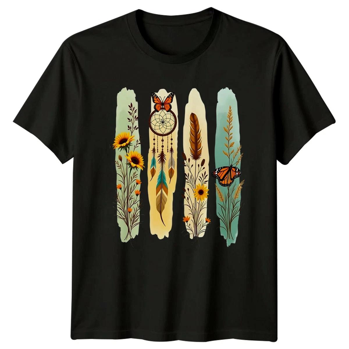 Boho Nature Design With Butterflies T-Shirt Sunflowers Dreamcatcher XL