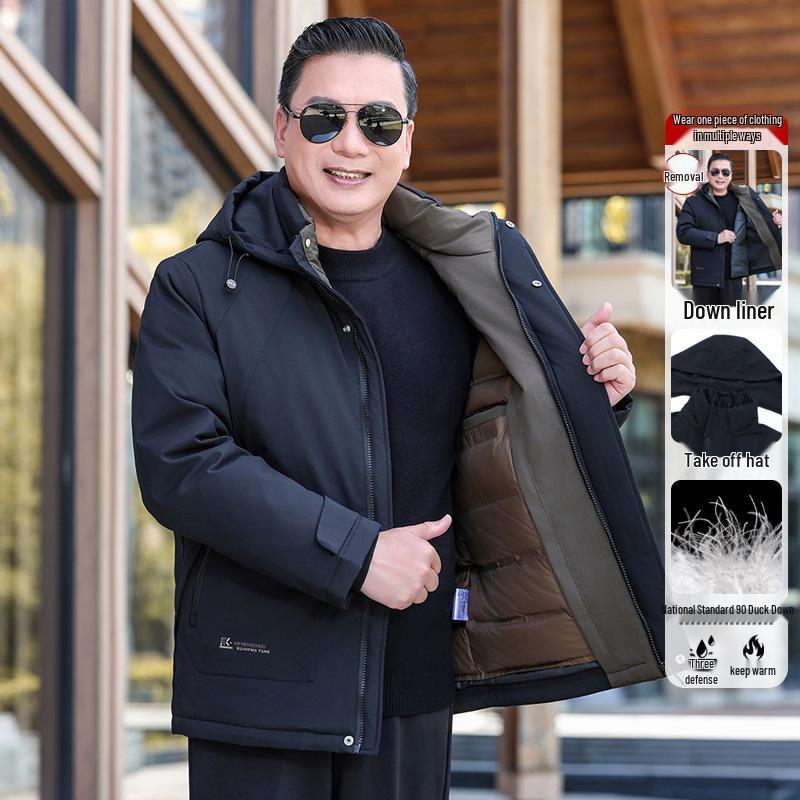 

Men s Short Hooded Down Jacket for Seniors, Detachable Liner, Thickened White Duck Down, Warm Winter Wear 5XL чорний