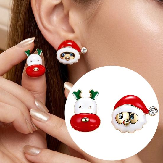 Christmas Earrings for Women 1 Pair Stud Women, Cute Enamel Santa Alloy Studs Claus And Reindeer Earrings, Holiday Jewelry Gifts Xmas Party Asymmetric
