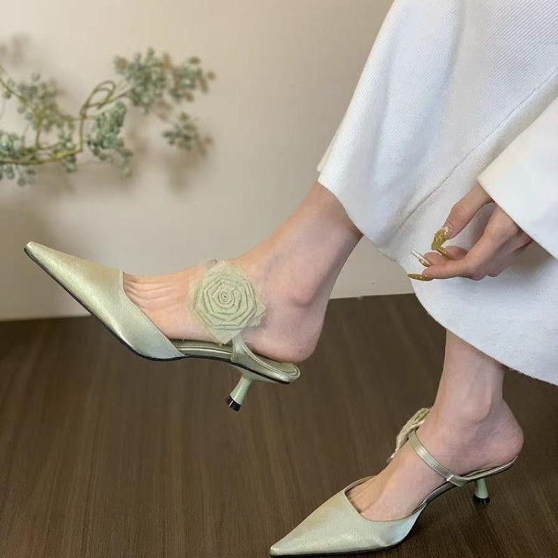 Women's Flower Slippers Pointed Toe Thin Heels Satin Cover Toe High Heel Dress One Kick Mature Elegant Zapatillas De Mujer