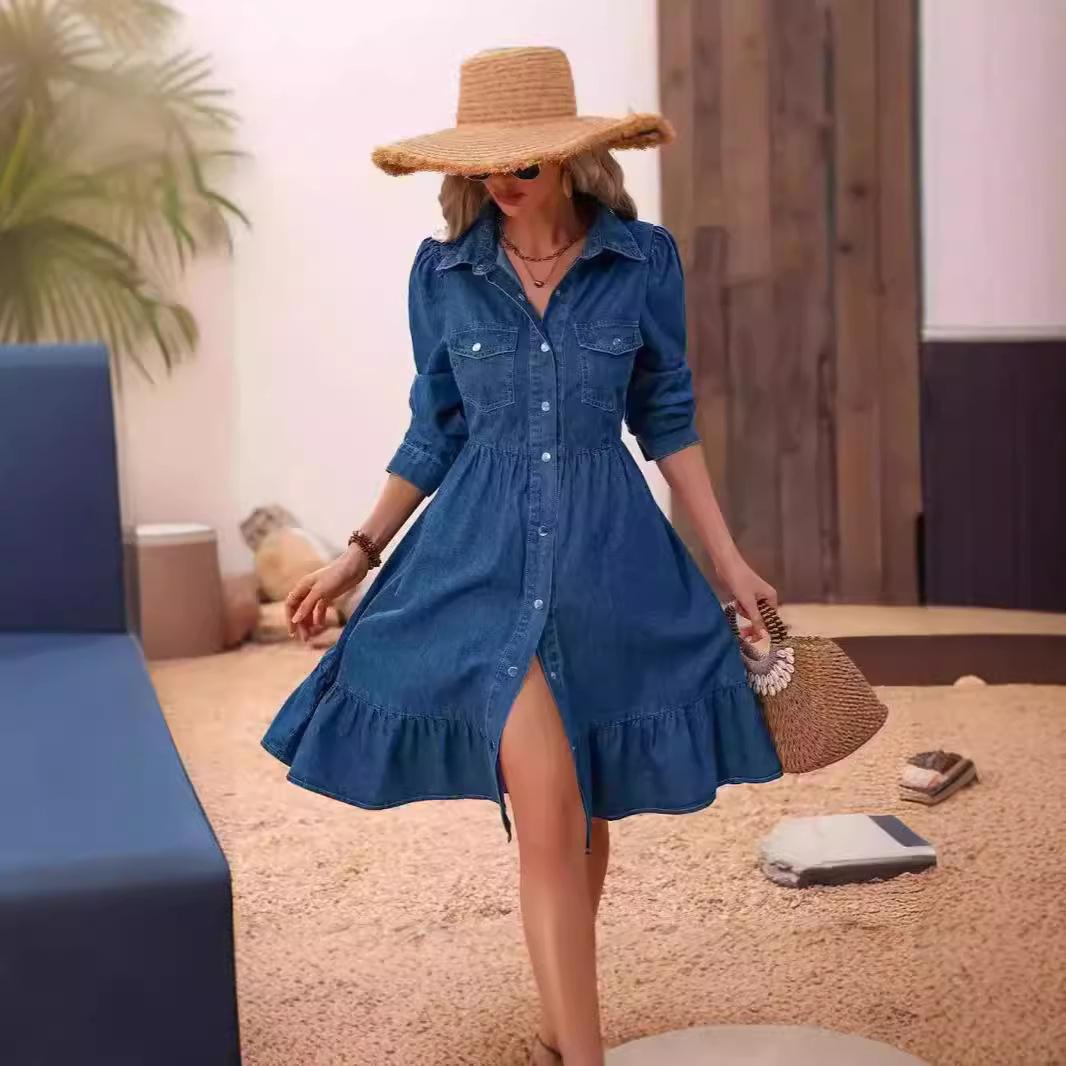 

Модные оборки Женские синие джинсовые платья Элегантные рубашки на пуговицах Миди-платья Женские весенние летние повседневные платья Robe Femme M синий