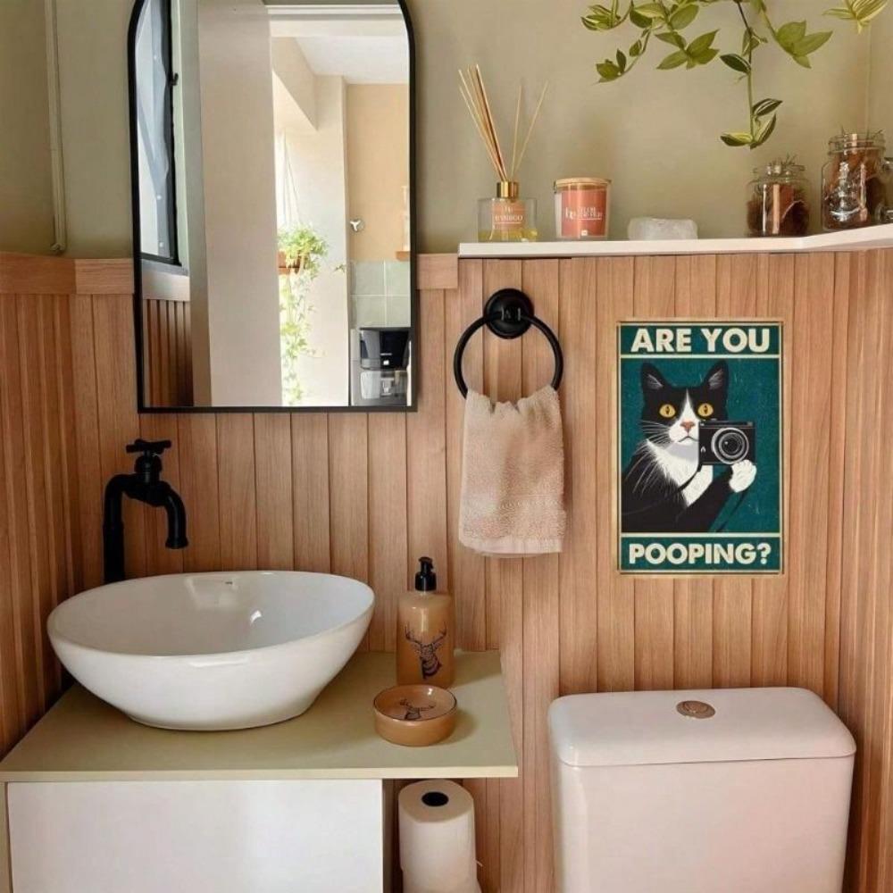 Metal Wall Art Cat in Tuxedo Are You Pooping Sign for Bathroom Toilet Decor