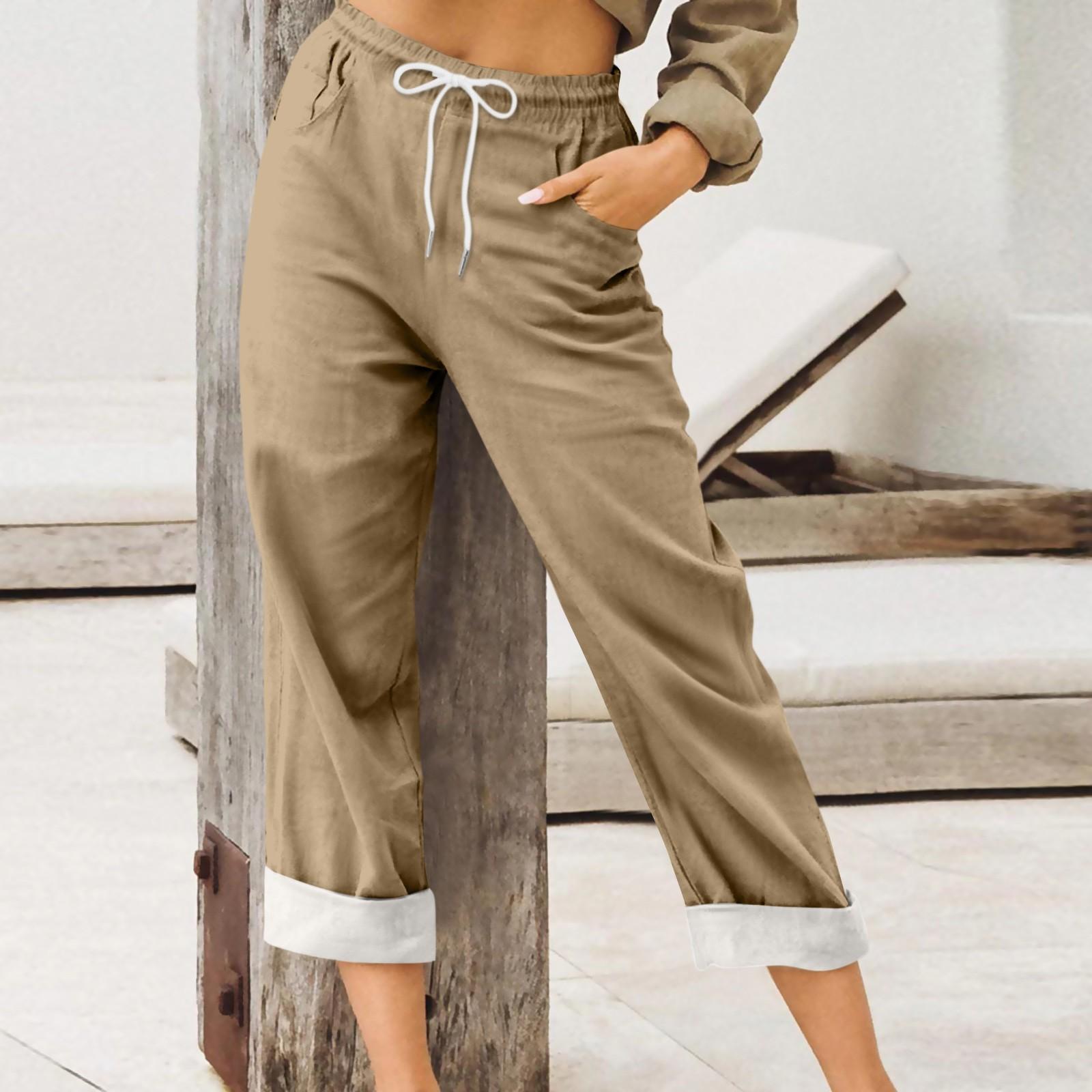 

Женские брюки, летние широкие брюки, повседневные однотонные свободные брюки с высокой талией на шнурке и карманами XL хаки
