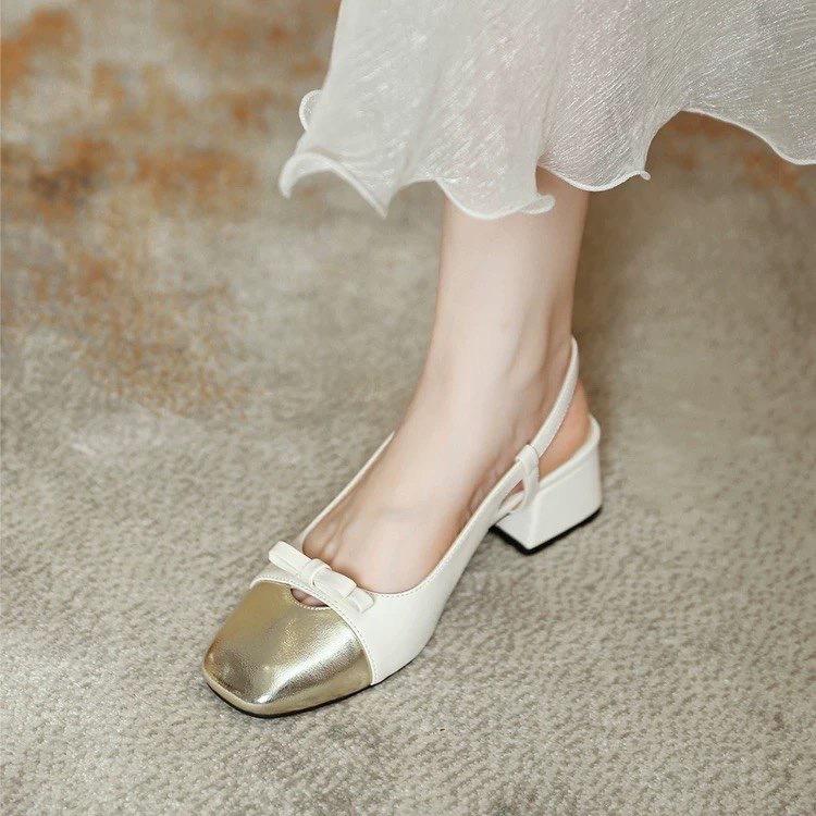 Pedicure version~ Xiaoxiangfeng high heels summer bow back empty color matching thick heel Mary Jane single shoes bag head sandals women
