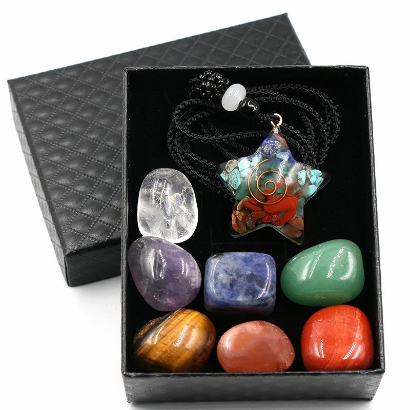 Natural Crystal Stone Set Chakra Healing Gemstone Quartz Mineral Ornament Gemstone Resin Pendant Gifts Box Home Decor for Gift