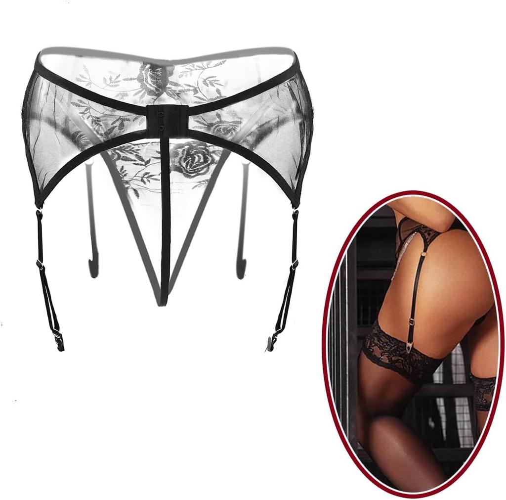 Spitzen-Strumpfhalter-Set mit Tanga für Damen Hosenträger-Dessous mit 4 Metallklammern Haltergurte für Strümpfe + Tanga
