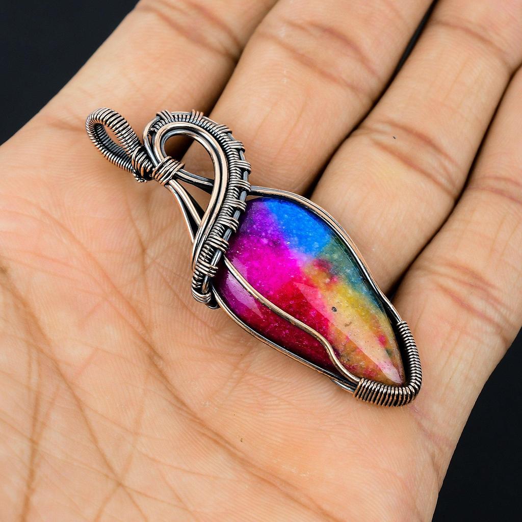 Rainbow Solar Quartz 999 Copper Wire Wrapped Pendant, Handmade Gemstone Pendant Jewelry, Gifts For Wife Brand New Pendant