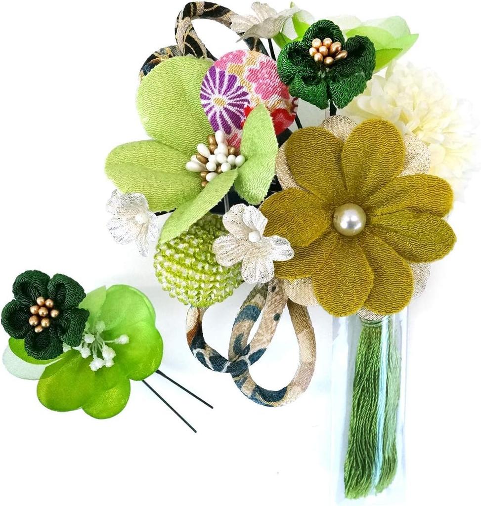 Sada vlasových ozdob Furisode, ceremoniální Tsumami, 2dílná krepová ozdoba na oslavu dospívání kk-094 (zelená)