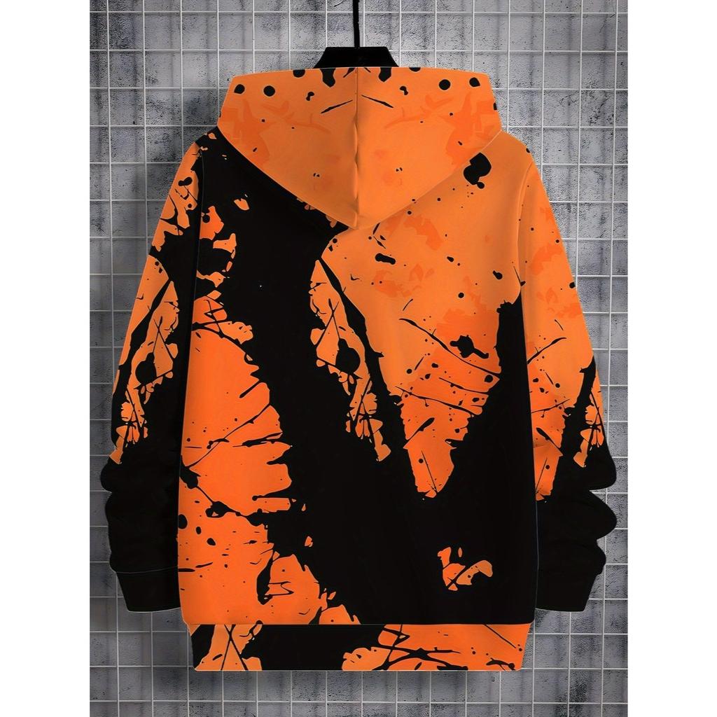 3D Digital Printing Street Trend Orange Black Splashed Ink Art Pattern Hooded Sweatshirt, Fashionable Casual Children's Clothing
