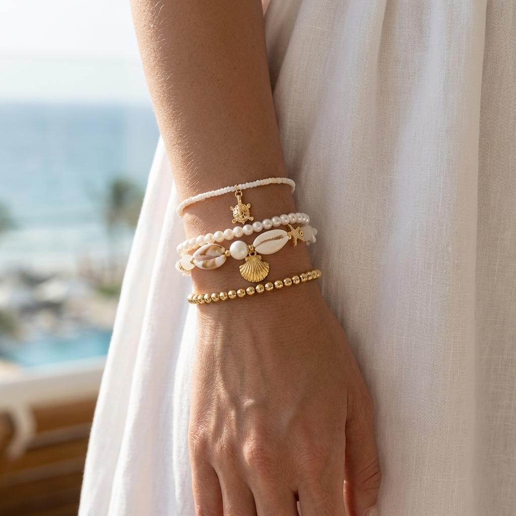 Bohemian Elegant White Gold Color Beaded Bracelet for Women Sea Turtle Cowrie Shell Charm Summer Beach Party Jewelry Gift