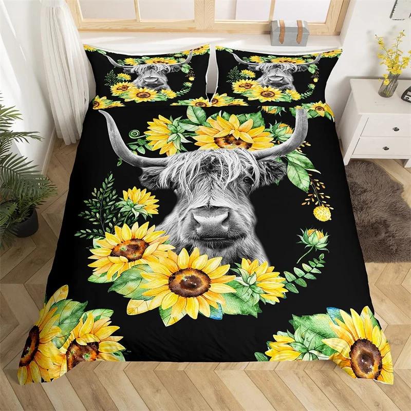 Hochlandrind Bettbezug Bulle Sonnenblume Kuh Bettwäscheset Queen Für Jungen Männer Mikrofaser Wildtiere Bauernhaus Tier Bettdeckenbezug