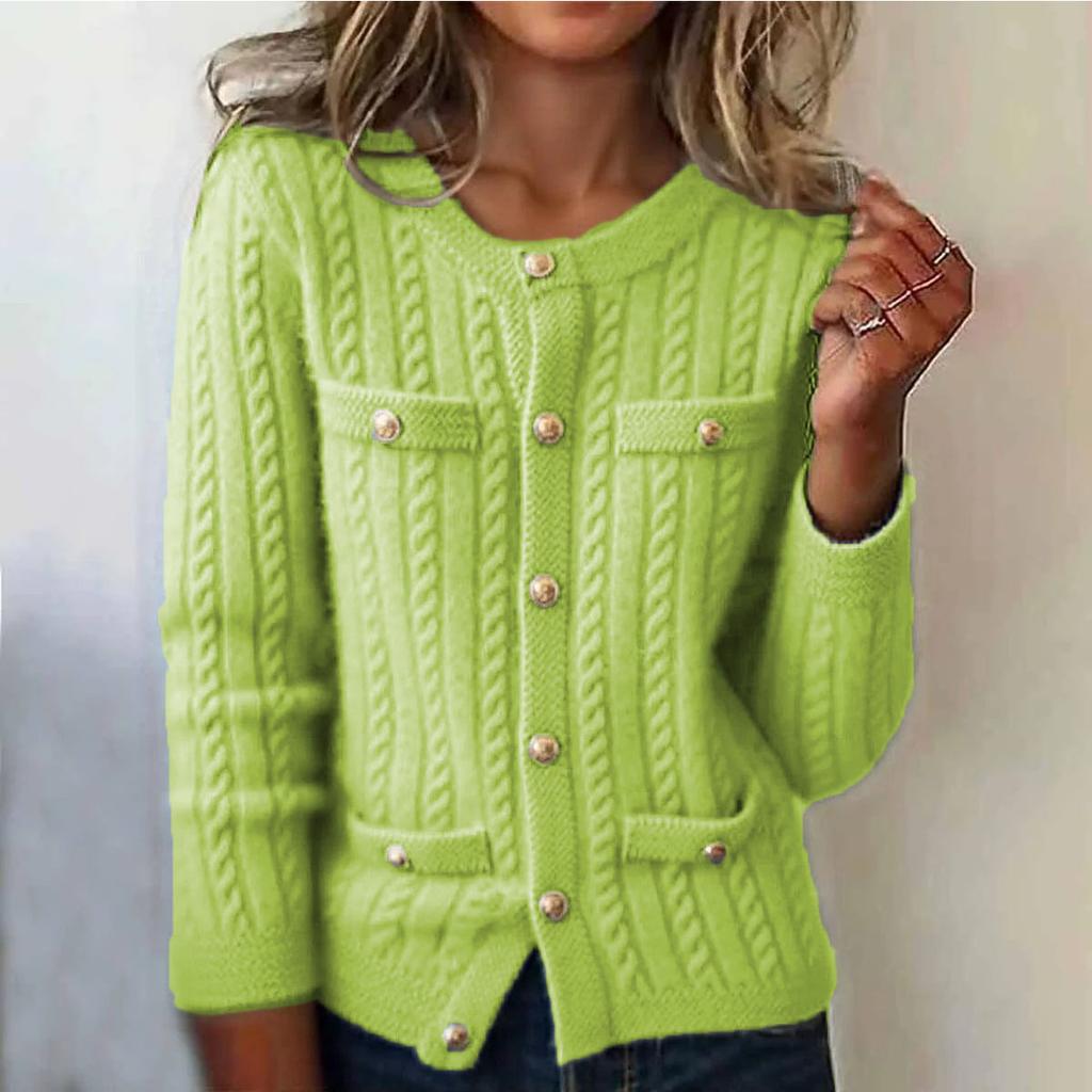 Women's Fashion Casual Single-Breasted Multi-Button Thickened Flower Loose Cardigan Round Neck Long Sleeve Knitted Cardigan Sweater Jacket