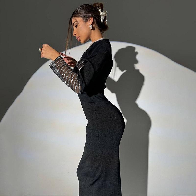European & American Women's Fashion Hot Drilling Hollow Slim Long-Sleeve Hip-Wrap Dress