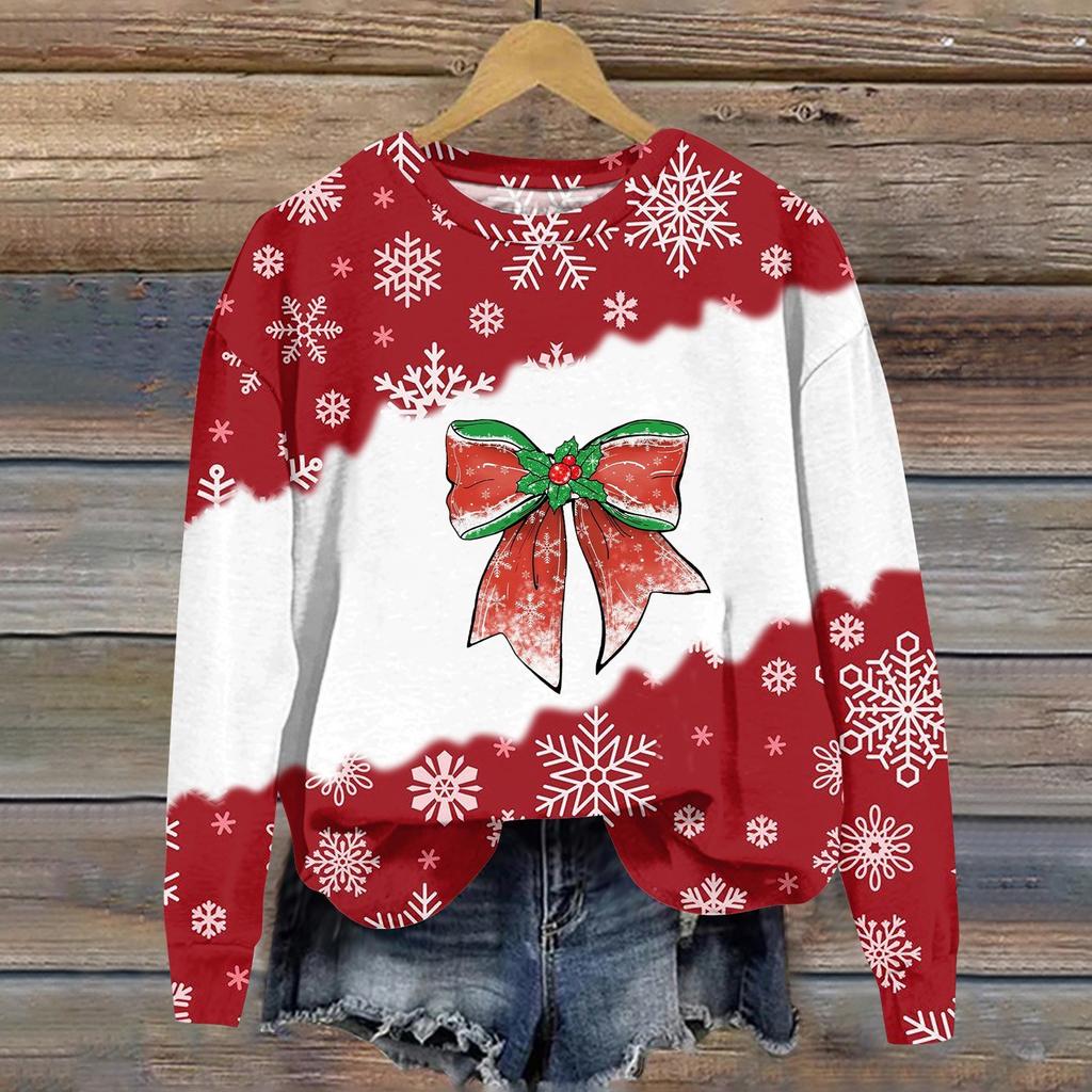 Women's Fashion Christmas Printed Long Sleeve Loose Round Neck Sweatshirt Top Fall