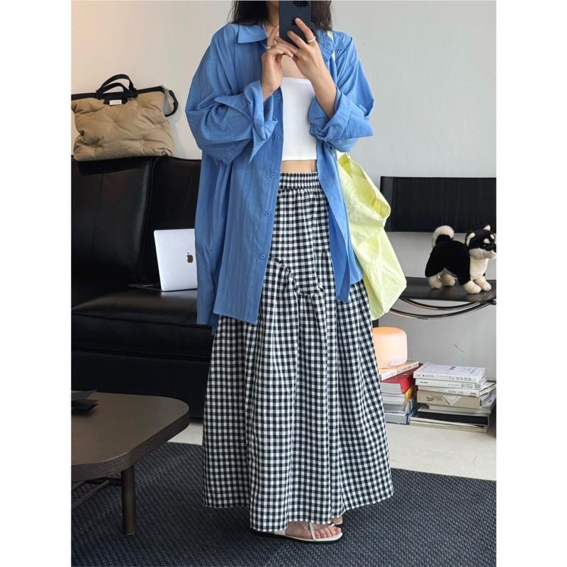 Johnature Koreanischer Retro-Plaidrock mit Stickerei Lässig Schlicht Vielseitig Sommer Drapierter Langer Rock Damen