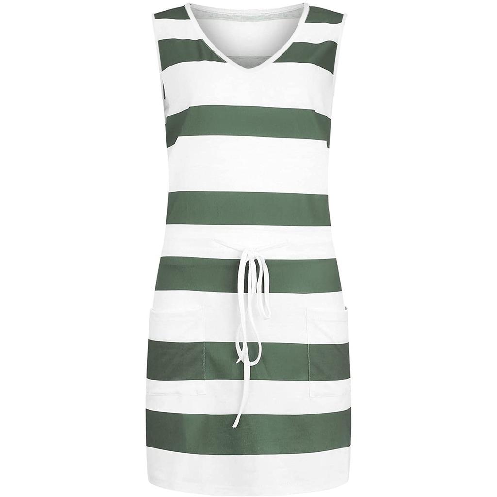 Women's Fashion Summer Loose Casual  Striped Printed Vest Pocket Dress