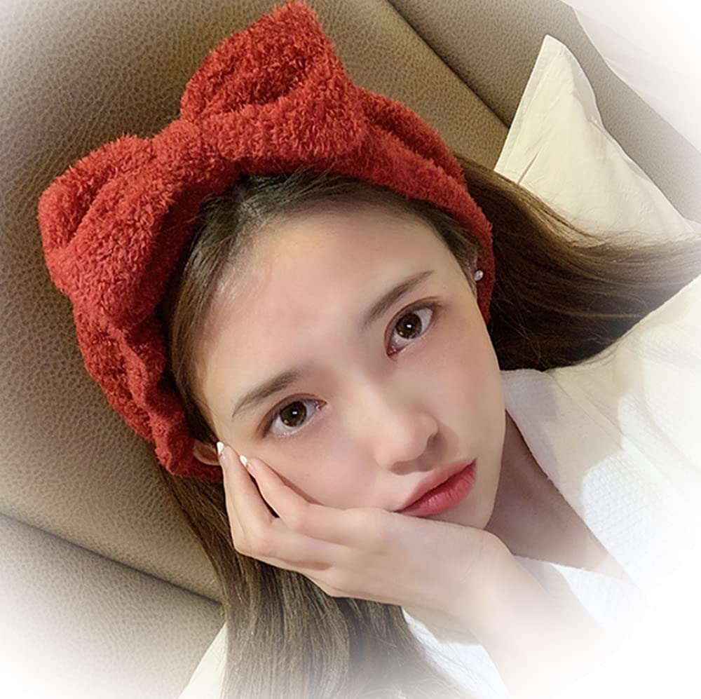 Wash Hairband Simple Hair Turban with Ribbon [Facial 3-Color Set] Fluffy, Cute, (Red, White, Pink)