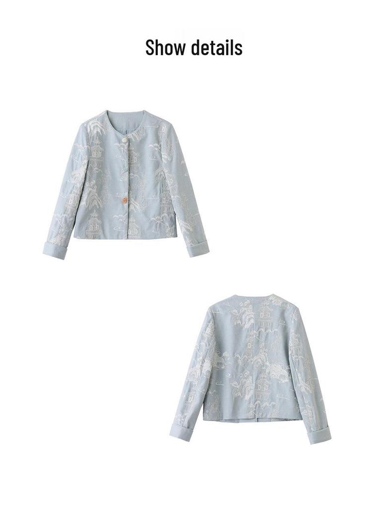 Spring 2025 Women's Embroidered Round Neck Jacket - High-End Chinese National Style, YE6351