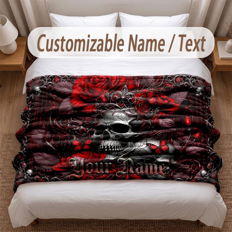 Skull Gothic Theme Soft Blanket Personalized Custom Name Text Print Warm Blanket Home Sofa Bedroom Decor