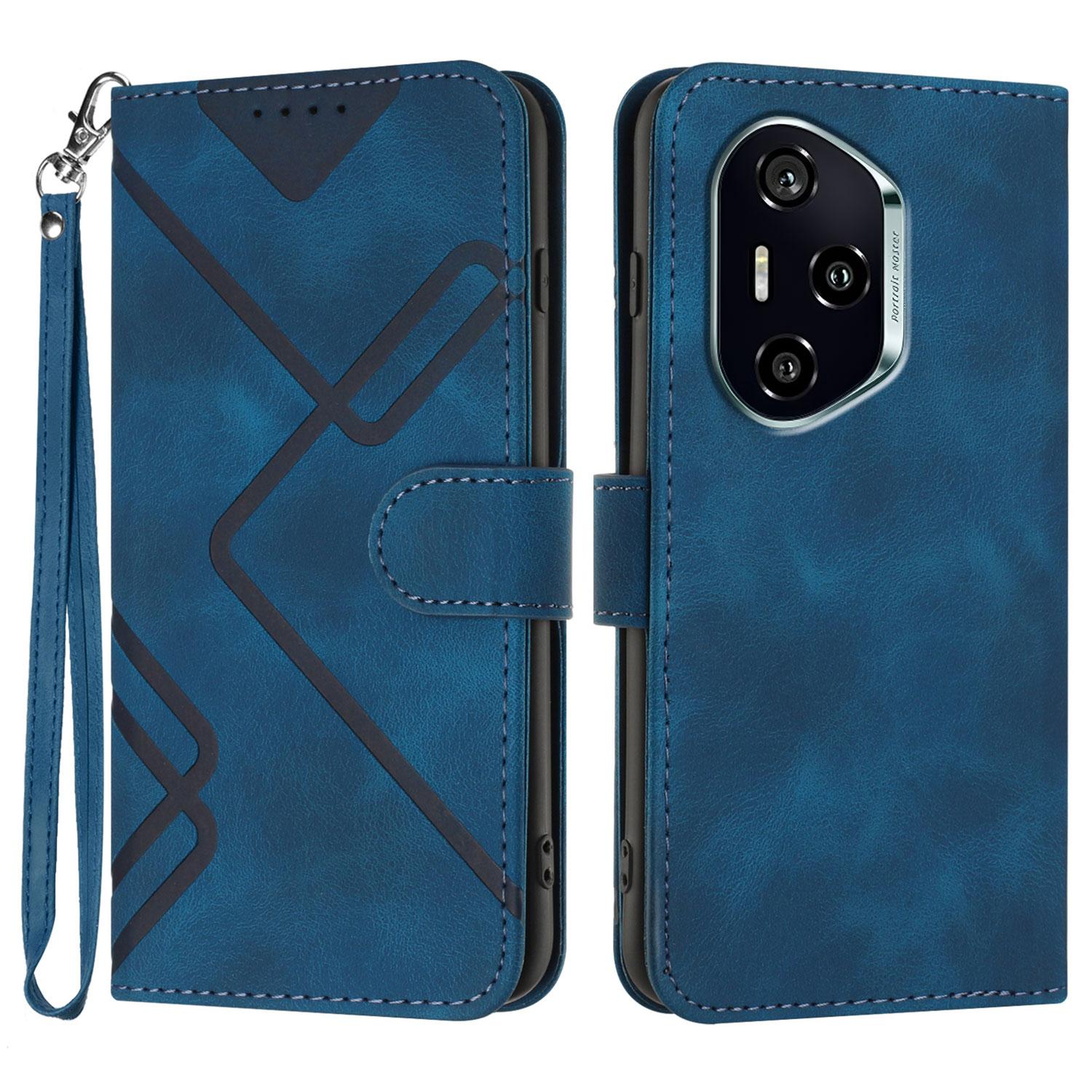 

For Honor 400 Wallet Case Line Imprinted PU Leather Phone Cover with Strap Royal Blue