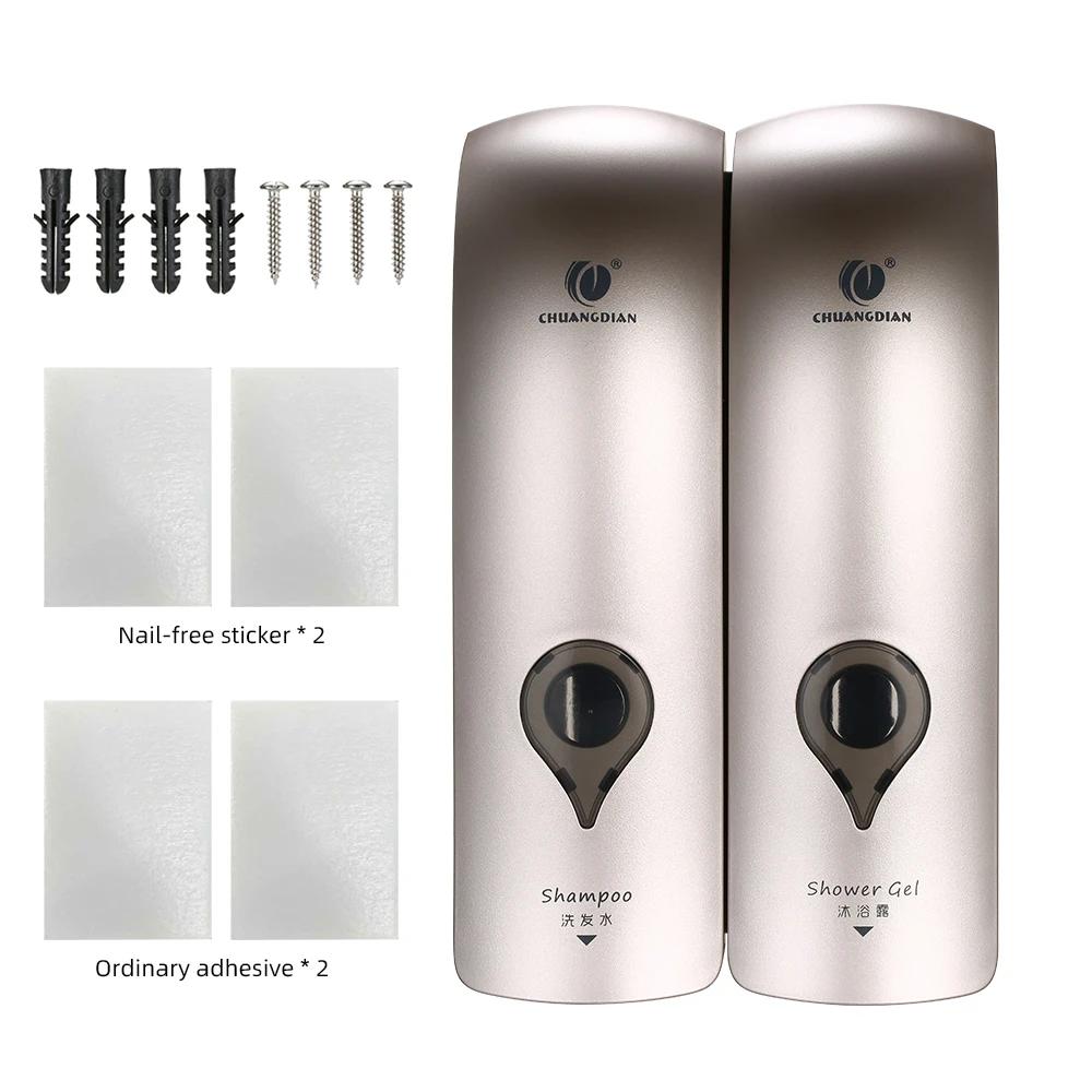 300ml*2 Wall Mounted Double-Head Manual Soap Dispenser Shower Gel Liquid Shampoo Dispenser Holder W/ Adhesive Stickers for Hotel