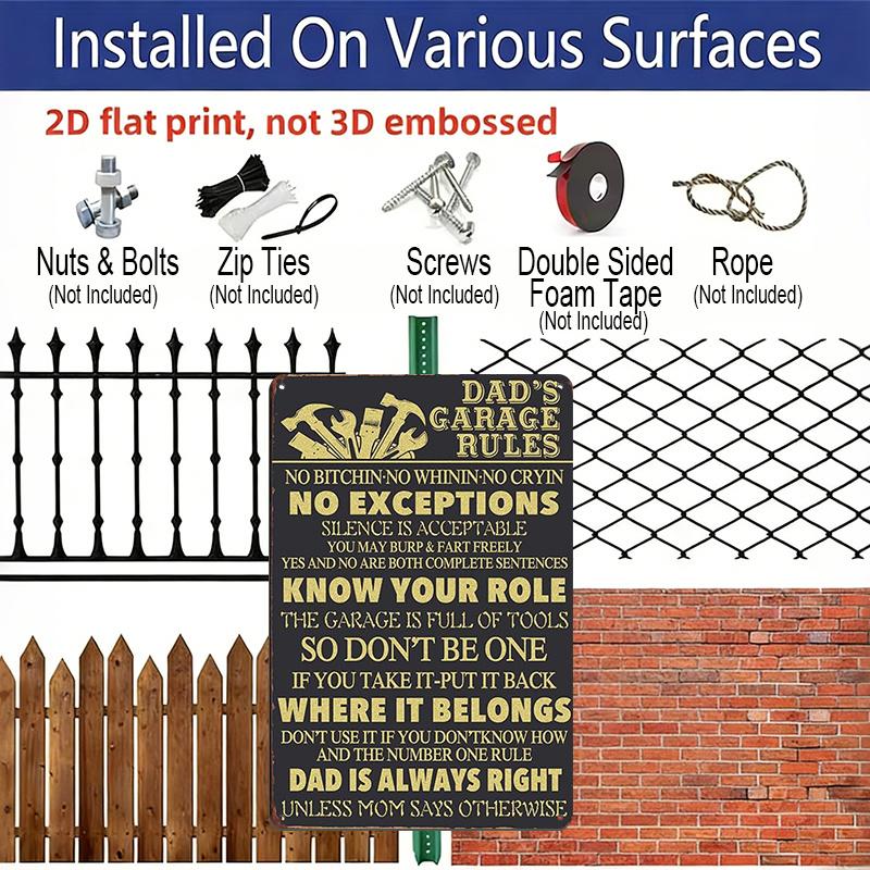 2D Flat, 1pc "Dad's Garage Rules" Aluminium Metal Wall Decor Sign - 8"x12" Funny Gold Tool Garage Decor, Perfect Father's Day Gift & Workshop Wall Art