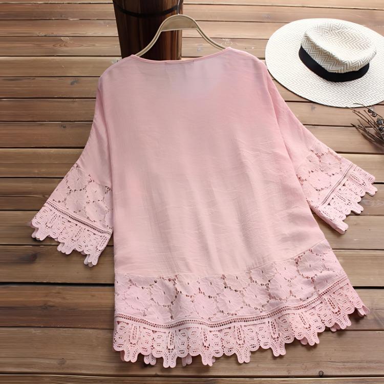 Plus Size Women Loose Shirt Half Sleeve with Lace Flower Embroidery