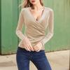 Fashion Sexy Solid Color Slim Pleated Top Women's V-Neck Long Sleeved Blouse Spring and Autumn Women's T-Shirt Clothes