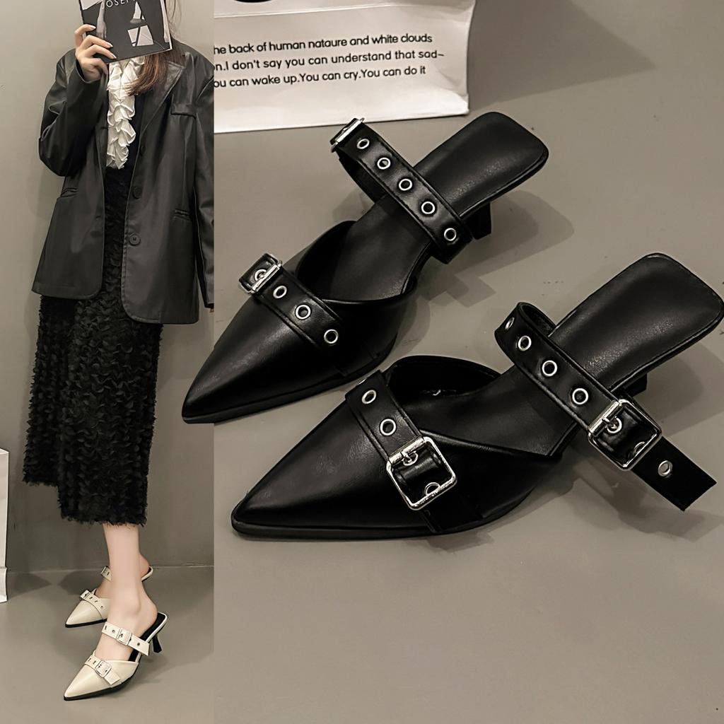 Fashion Punk Goth Metal Buckle High Heels Women's Sandals Summer 2024 Pointed Toe Silver Party Shoes Fashion Womens Pumps Shoes