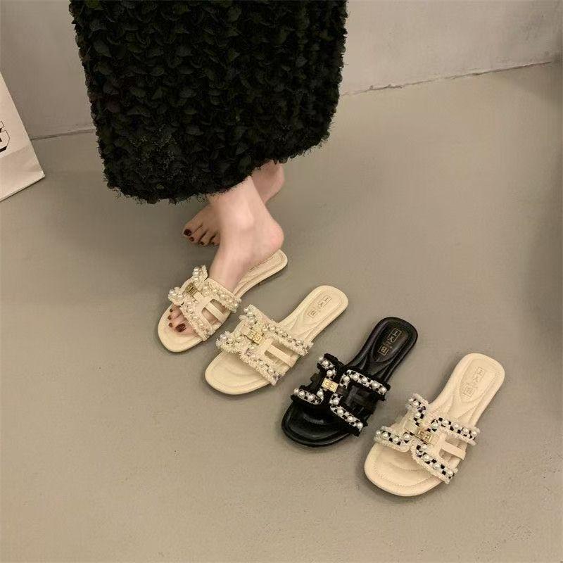 Women's outer wear 2025 summer new soft-bottomed one-word fairy versatile pearl beach drag Xiaoxiangfeng flat-bottomed slippers