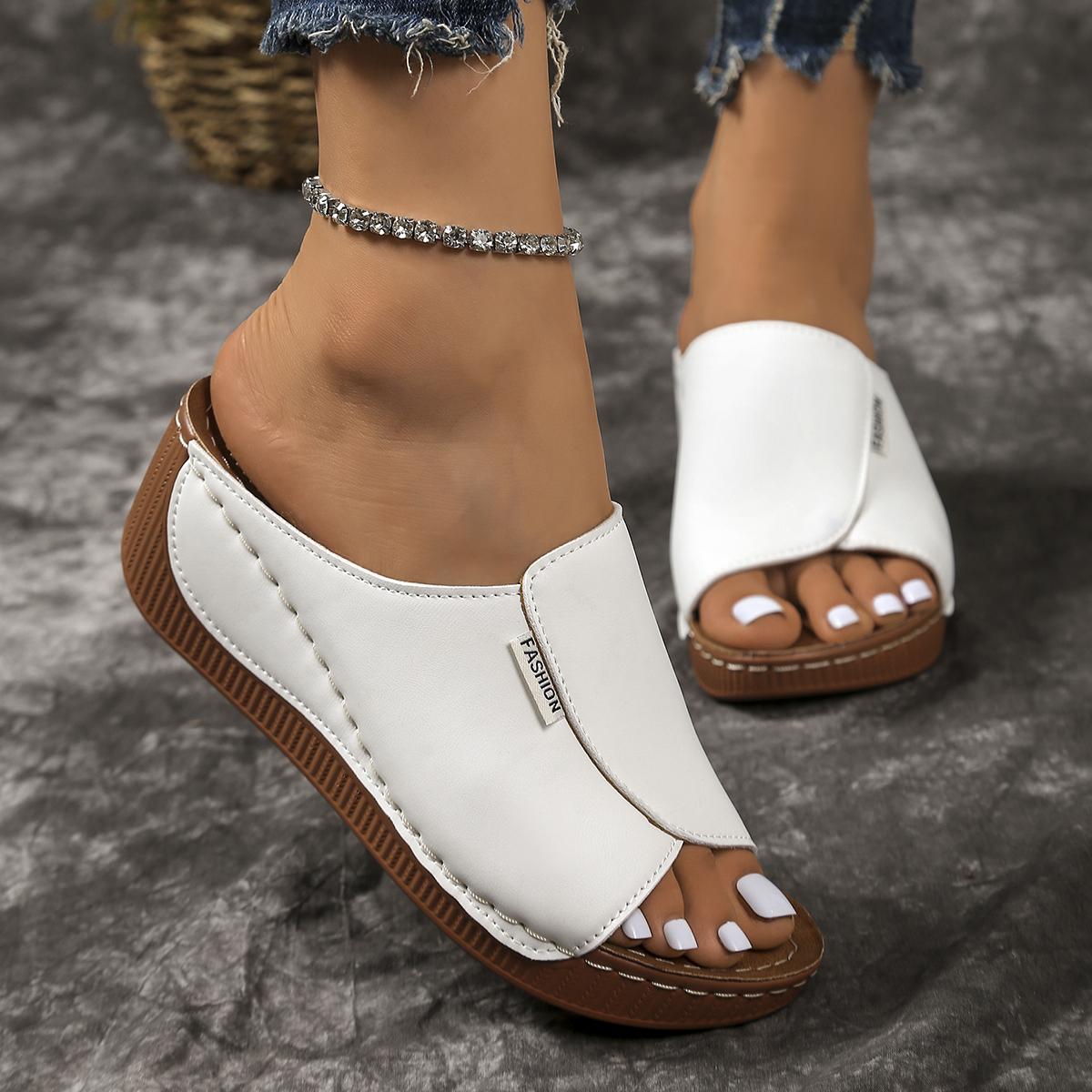

Летние женские сандалии 2025 года, летняя мода, танкетка, однотонные, с круглым носком, повседневные, удобные женские тапочки, размер 36-43 39 белый