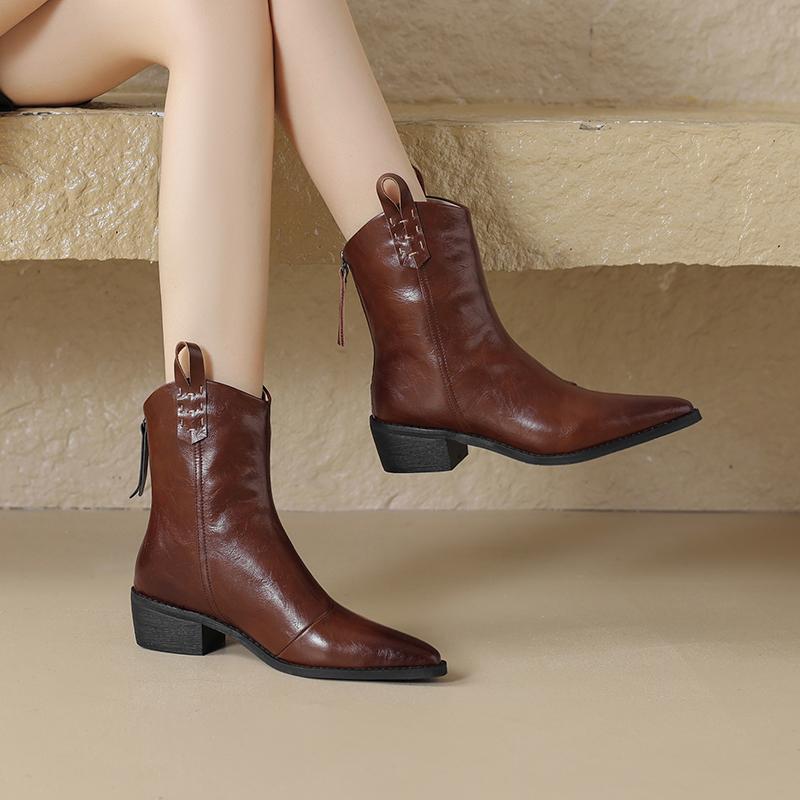 Krazing Pot Cow Split Skin Autumn Winter Shoes Wool Chunky Heels Size 43 Size 42 Pointed Toe Zip Fur Ankle Boots