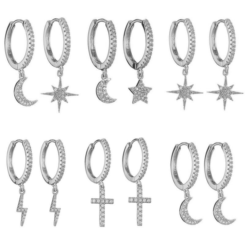 Delicate Silver Cubic Zircon Star & Moon Drop Pendant Hoop Earrings for Women Trendy Wedding Earring Jewelry Gifts