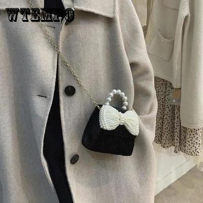 Women's Pearl Mini Bag Versatile Single Shoulder Bag Messenger Bag Casual Handbag Solid Color Bowknot Chain Bag