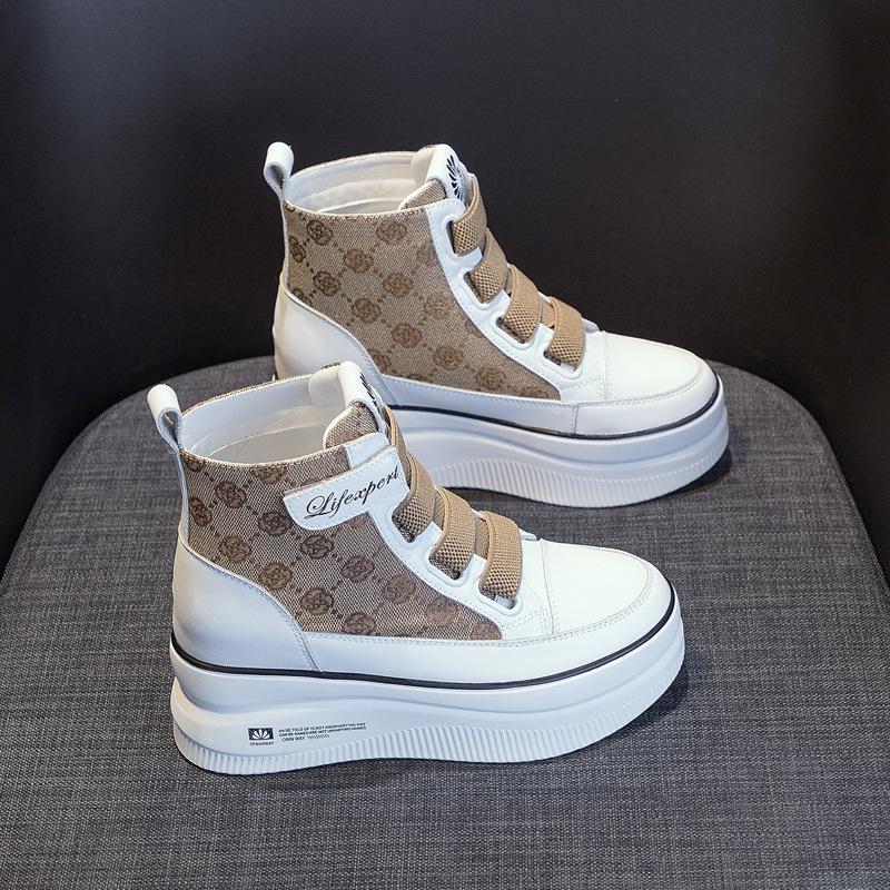 High-top Shoes Women's Autumn 2025 New Leisure Sports Little White Shoes Women's Thick-soled Inner Height Increase Velcro Short Boots Women