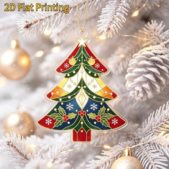 Customizable Style Hanging Ornament 2D Flat Acrylic Christmas Tree Ornament, Vintage Stained Lightweight Pendant with Lanyard Glass Pendant,