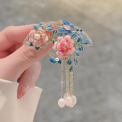 Chinesische Perlen Pfingstrose Quaste Brosche für Qipao & Hanfu – Damen Anstecknadel Zubehör