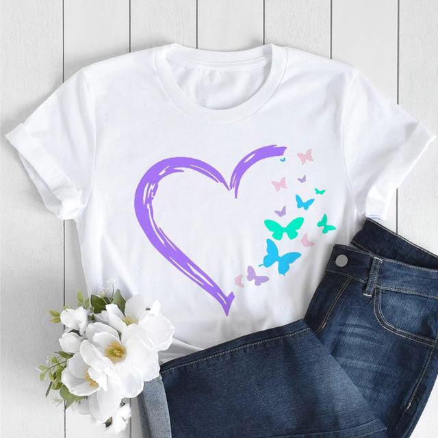 Butterfly Love Heart Print T Shirt Women Fashion Black T Shirt Female Short Sleeve Cute Graphic Tee Shirts Ladies Summer Tops