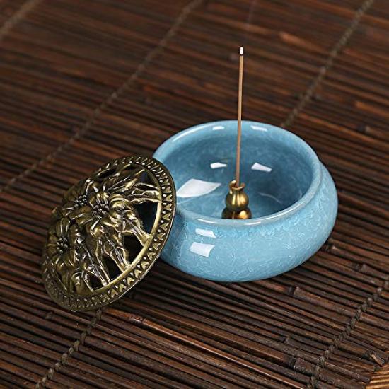 (pont du monde) Ceramic Incense Burner, Incense Stick Holder, Aromatherapy, Stylish, with Lid (Light Blue)