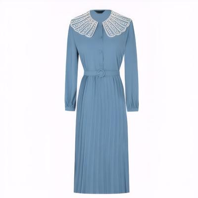 Spring Latest Contrasting Lace Collar Pleated Skirt with Sweet Temperament Waist-length Mid-length Dress for Women