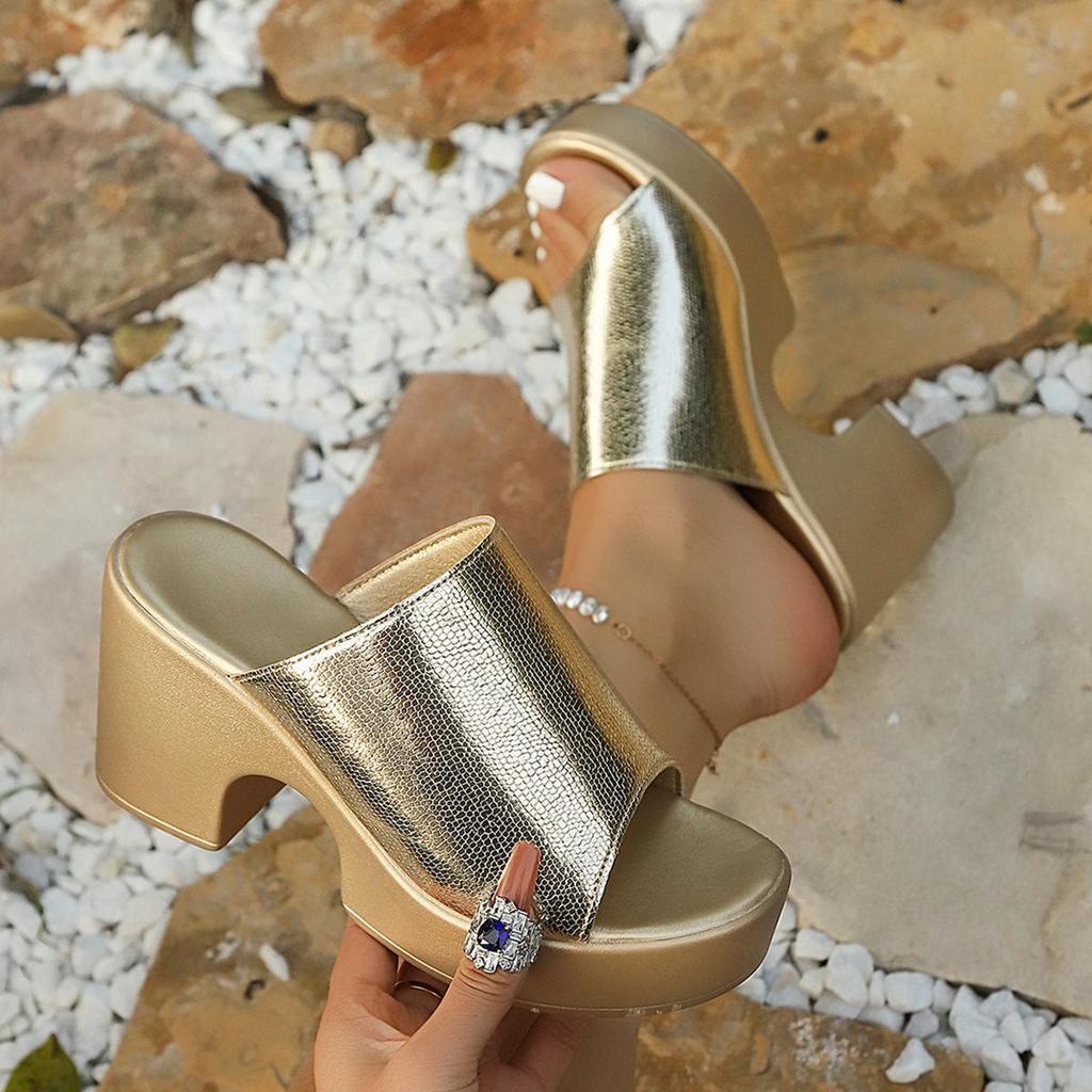 2026 Women's Gold Chunky Heel Summer Slippers: French-Style High Platform Sandals