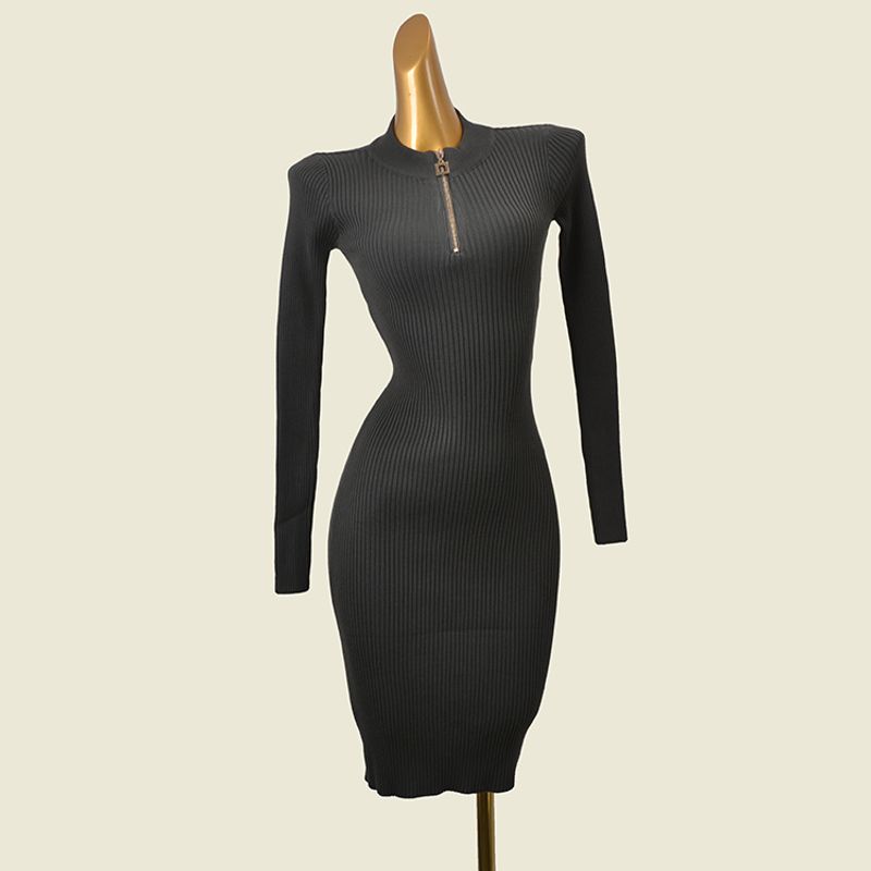 Thread High Elasticity Long Sleeves Knitted Hip Skirt Fashion Wind Sexy Silm Slim Looking Metal Zipper Dress