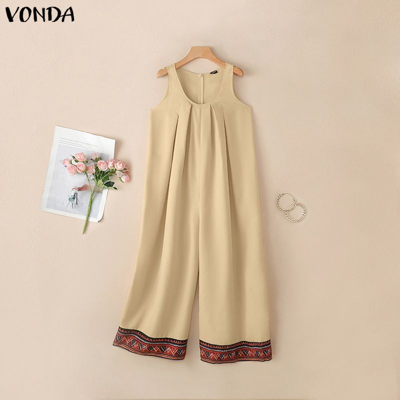 VONDA Women Summer Sleeveless Print Hem Casual Long Holiday Jumpsuits Overalls