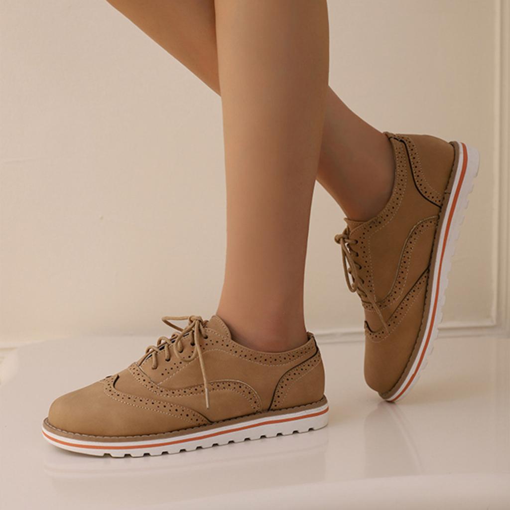 Oxford Flats Shoes Women Leather Comfort Lace Up Lady Brogue Derby Designer Vintage Casual Platform Shoes Women Sneakers