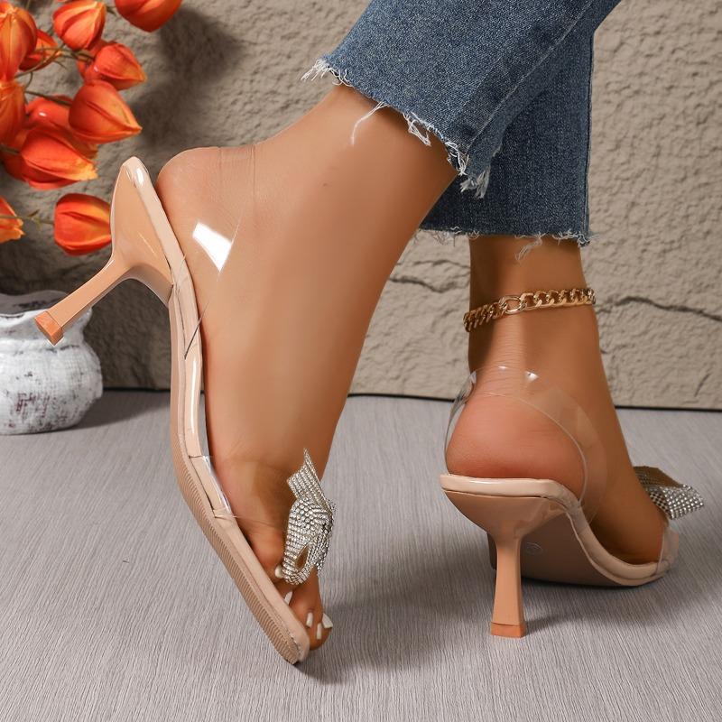 Women's Sandals Summer New Style Fashion Luxury Rhinestone Bow Designer Square Toe Open Toe Women's High Heels Large Size 35-43