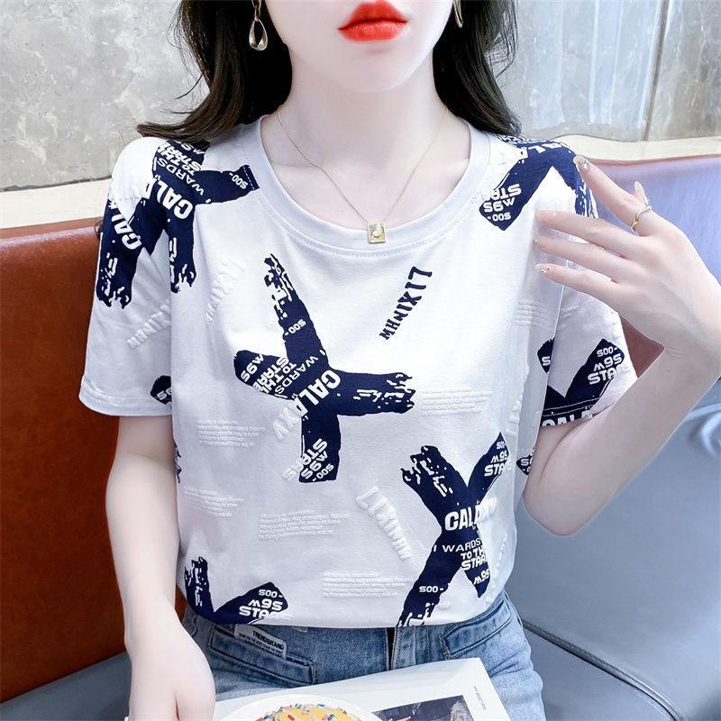 Women Summer Short Sleeve O Neck Gradient Color Letter Printed Fashion Cotton T Shirt Top