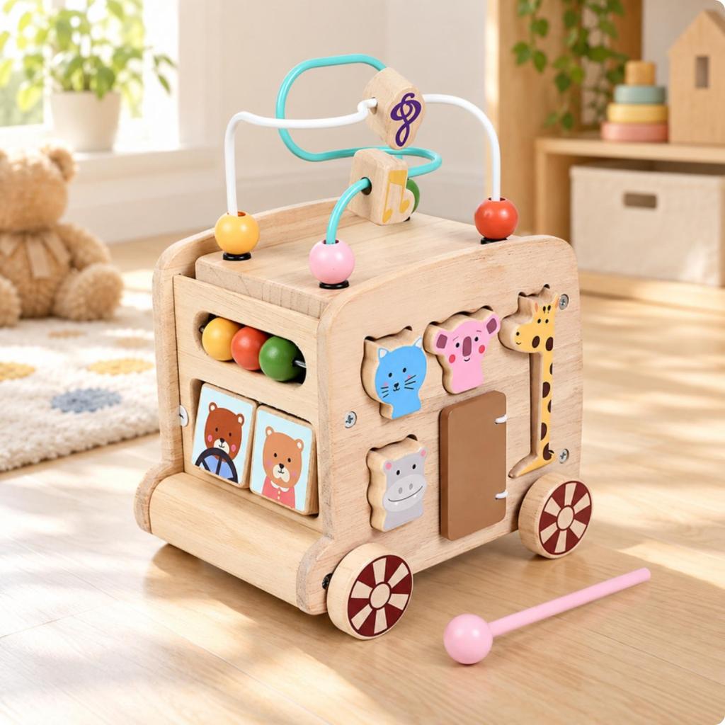 Multifunctional Wooden Bus Activity Toy Interactive Bus-Shaped