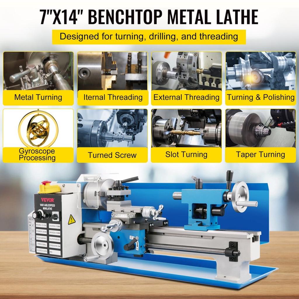 Mini Metal Lathe, 7"x14" Benchtop Metal Lathe, 550W Variable Speed 2250RPM Metal Lathe, with 3-jaw Chuck CNC Mini Lathe Machine, Precision Mini Lathe